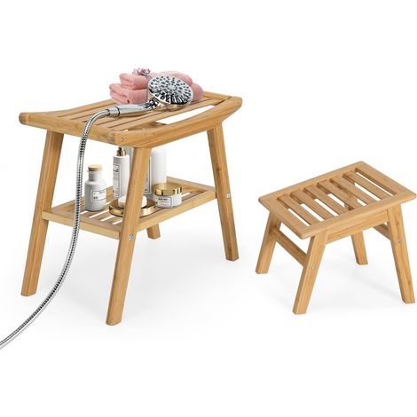 GOPLUS Tabouret et Douche en Bambou avec Etagere de Rangement, Tabouret Multifonctionnel a 2 Niveaux avec Patins Antiderapants, Lattes Respirantes, Bords Arrondis, Charge Max 150KG, Naturel (1/5)