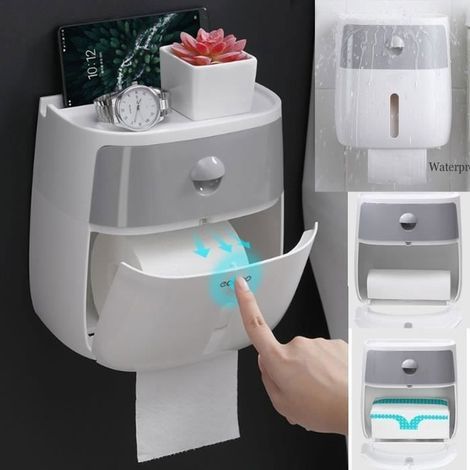 (gris + blanc)Support Porte serviettes papier toilette étanche WC salle de bain Double Étagère Rouleau adhésif Boîte Mural Fixation distributeur (1/4)