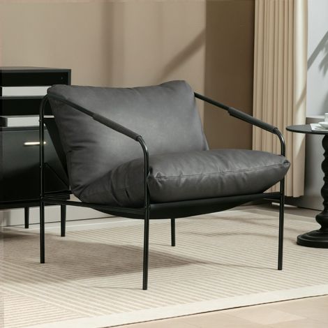 Fauteuil lounge en similicuir et structure métallique avec coussins épais, 74,5 x 75 x 77 cm, gris anthracite (1/5)