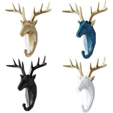 4 pièces Tête de Cerf Décoration Murale Moderne Résine Animal Crochet Cadeau Créatif Maison Salon Chambre Bijoux Affichage Clé Écharpe Sac Porte-Manteau Rack (Blanc, Or, Bleu, Noir) (1/5)