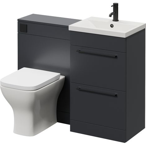 Napoli 390 Cento Gloss Grey 1100mm 2 Drawer Vanity Unit Toilet Suite with Glide Basin - 1100mm - Matt Black 320mm HandleWith Kingston Toilet Pan and Seat