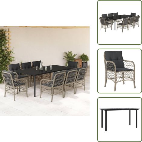 The Living Store 9-tlg. Garten-Essgruppe mit Kissen Hellgrau Poly Rattan - Gartenessgruppe (1/5)