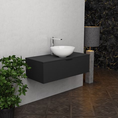 Inda - Badezimmerschrank B.100 mit Aufsatzwaschbecken / Mattschwarz 1 Schublade - Topazio (1/5)