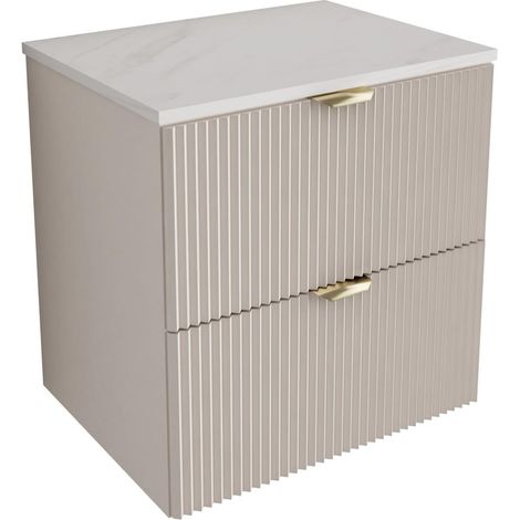 Mobile bagno con frontale scanalato 60 cm con 2 cassetti, cashmere, con piano in marmo bianco (MDF), con maniglia oro, 60 x 47 x 60 cm (1/5)