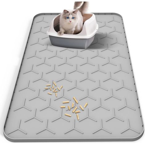 Cat Litter Mat XXL Size 34 x 22 inches Cat Litter Mat Waterproof Silicone Mat with High Edge Non-Slip Easy Clean Cat Litter Mat Grey for Multiple Homes (1/5)
