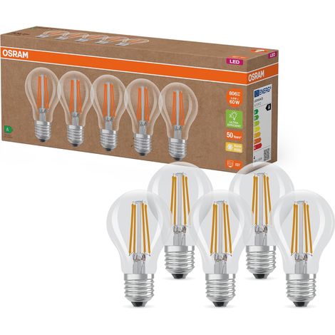 Lampes LED très efficaces avec classe d'efficacité énergétique A, Pack avantage avec 5 ampoules, remplace les ampoules à incandescence 60W, blanc chaud, E27, verre filament (1/5)