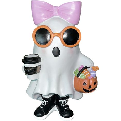Statua di una ragazza ghoul bianca con una zucca rosa a forma di anello e