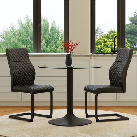 Conjunto de mesa y sillas de vidrio y PU negro, 2 plazas, estilo industrial con respaldo alto (1/5)