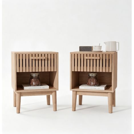 Lot de 2 tables de chevet modernes – bois massif – 1 tiroir et rangement ouvert – pieds et poignées en bois – dimensions 40x35x55cm – chambre salon bureau - Naturel (1/5)