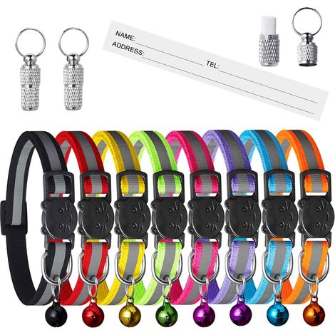 Colliers de sécurité pour Chat à libération Rapide, Collier réfléchissant avec clochettes, réglable de 19,1 à 31,5 cm, Convient pour Les domestiques (8 Couleurs et Lot de 2 étiquettes (1/5)