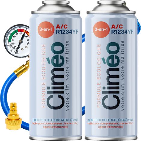Climeo 3 en 1 2x400 ml + manguera con manómetro + adaptador - Refrigerante ecológico + R1234yf SEAL  Servicio de climatización independiente (1/5)