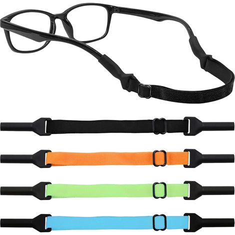 Lot de 4 Cordon Lunettes Sport Réglable, Attache Lunette Enfant et Adulte, Sangle Elastique Antidérapante pour Course à Pied, Cyclisme, Football, Noir Orange Bleu Vert, 21CM