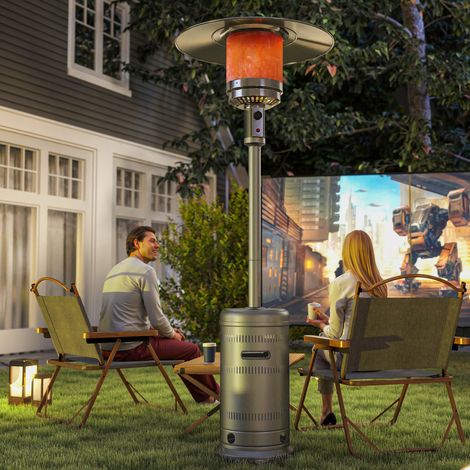 Chauffage portable au butane 13 000 W avec système anti-basculement, allumage piézoélectrique et roulettes, 82 x 82 x 222 cm, gris (1/5)