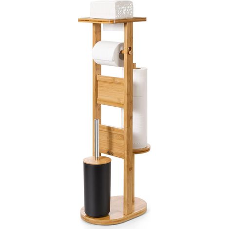 Freistehender Toilettenpapierhalter aus Bambus – 1 Stück – Natürlicher Stil – Mit Halterung für Handy und Bürste – Für moderne Badezimmer – Bambusfarbe (1/5)