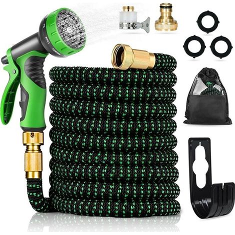 Tuyau d'arrosage extensible 5→15 m avec pistolet 10 fonctions et support – 3 couches latex, raccords cuivre (1/4)