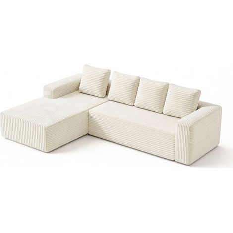 ELVMI Divano Modulare ad Angolo con Chaise Longue Reversibile, Seduta Profonda, Senza Montaggio, Velluto a Coste Beige (1/5)
