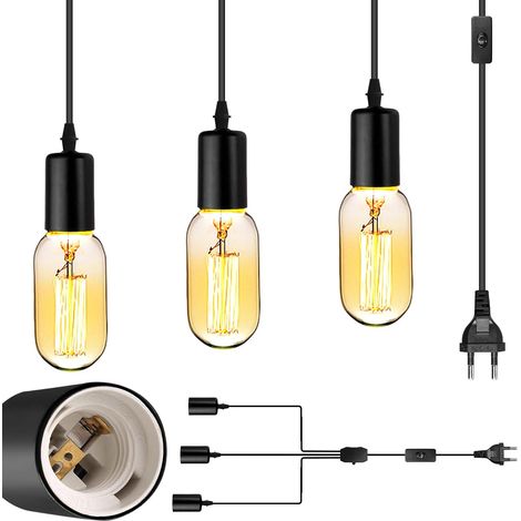 Suspension 3 lumières, réglable, prise de 4,8 m, support de lampe DIY avec câble, E27 pour salle à manger, cuisine, salon, couloir, escalier et chambre (noir) (1/5)