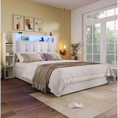 Lit adulte rangement 90x200 lin beige USB type C LED HAVRYA (1/5)
