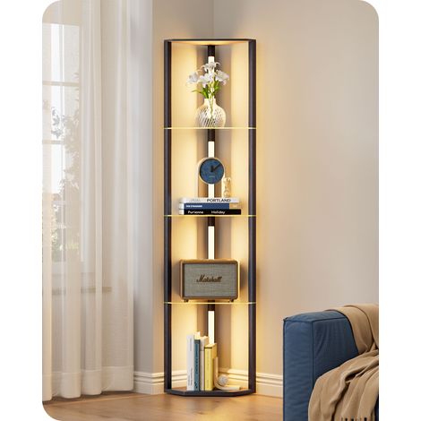 EDISHINE Stehlampe Wohnzimmer Holz, Retro Stehlampe mit 4 Regalen aus Glas, dimmbar & 3 Farbtemperaturen, 20W 360°drehbare LED-Stangen