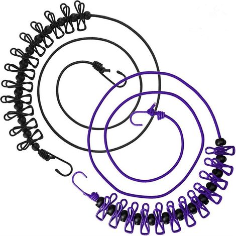 Lot de 2 cordes à linge avec pinces, corde flexible pour camping et extérieur, noir et violet (1/5)