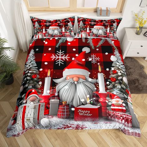 Housse de Couette Fille 140x200 Joyeux Noël, Parure de Lit Décorations pour Garçons Filles, Sets de Housses de Couettes Père Noël GNOME, Couvre Lit À Carreaux Géométrique - 140x200cm + 1 Taie Oreiller (1/5)