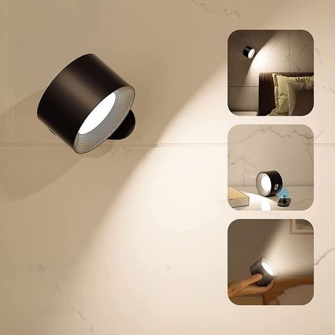 360° Applique Murale Interieur, Lampe Murale Sans Fil LED Rechargeable Tactile, Rotation de Applique Murale Chambre 3 Températurs de Couleur et Luminosité Réglable (1/5)