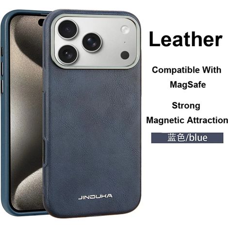 Étui de téléphone rétro en cuir véritable (bleu, iPhone 17 Pro Max), protection d'objectif en métal
