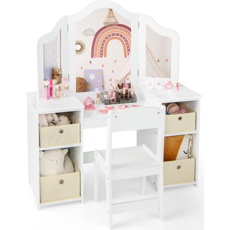 Coiffeuse 2 en 1 pour Enfant avec Miroir Amovible - Coiffeuse avec Chaise - Coiffeuse avec boîtes de Rangement et Compartiments Ouverts - en Bois - pour Fille - Blanc (1/5)