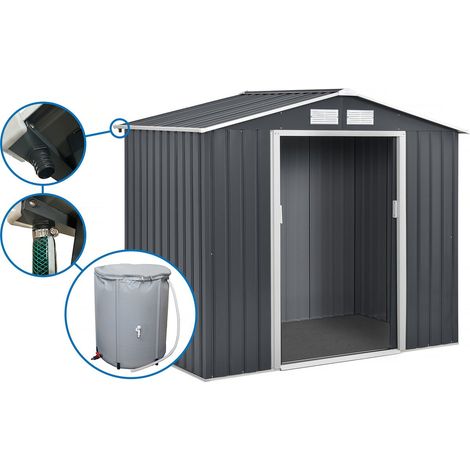 Gerätehaus aus Metall - "Vegas" - 5,29 m² mit Dachrinne und Wasserauffangbehälter - Grau