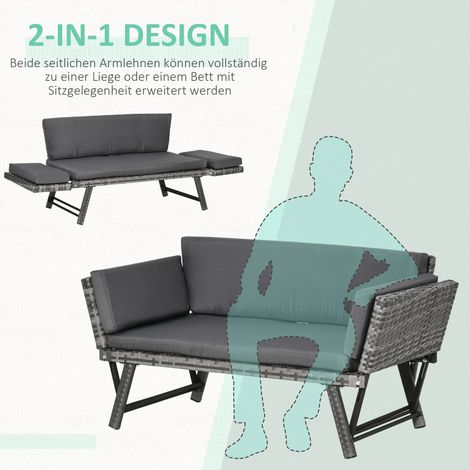 Gartensofa aus Polyrattan, Zweisitzer, Gartenmöbel, Lounge-Sofa, Gartenbank, Gartenliege, klappbar, mit Armlehnen, Stahl, grau, 129 x 63 x 67 cm (1/5)