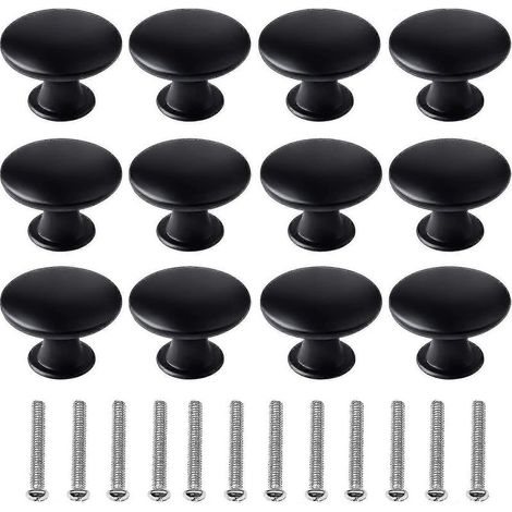 Set mit 12 schwarzen 30-mm-Türknöpfen für Schränke und Küchenschränke, matter Vintage-Stil, rund, mit 12 Schrauben. (1/5)
