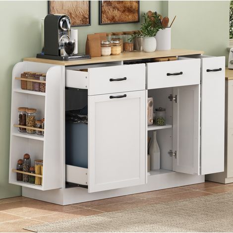 Credenza da cucina in MDF bianco con piano effetto legno chiaro, 133.5x40x86 cm, vano pattumiera e ripiani laterali (1/5)