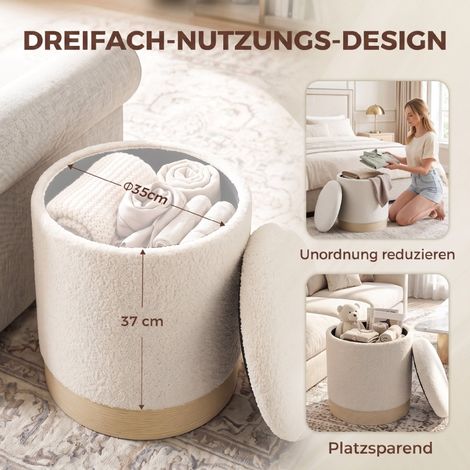 Tabouret rond 38 cm en sherpa crème, rangement intégré, pied métal aspect bois, blanc cassé (1/5)