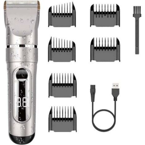 Professional Hair Clipper IPX7 Ceramic Blade LCD Hair Clipper with Motorized Adjustment Comb 3/6/9/12 mm Waterproof Rechargeable for Home or Barber(Silver)