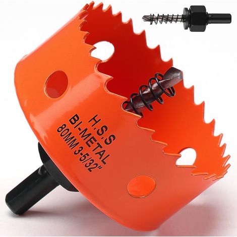 Scie cloche - 80 mm - Orange - Acier rapide HSS M42 bi-métal - Scie cloche avec tige hexagonale et foret avec profondeur de coupe de 35 mm - Pour bois, construction sèche et tôle métallique (1/5)