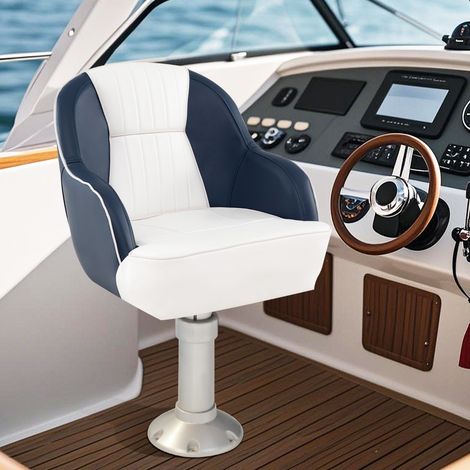 Chaise Capitaine à Baquet pour Bateau Ponton avec Épaisse Rembourrage en Éponge Cuir PVC Imperméable avec Accoudoirs Vis de Montage Bleu (1/2)