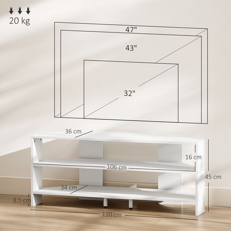 Meuble TV d'angle supportant jusqu'à 47 pouces, avec 2 étagères ouvertes, en bois, 110 x 36 x 45 cm, blanc. (1/5)