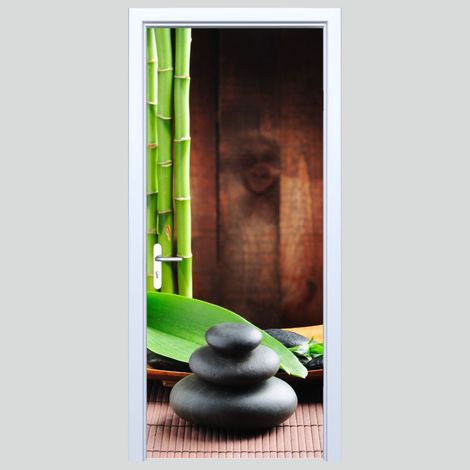 Adhesivo de tela para puerta Zen bambú piedras negras 585PD