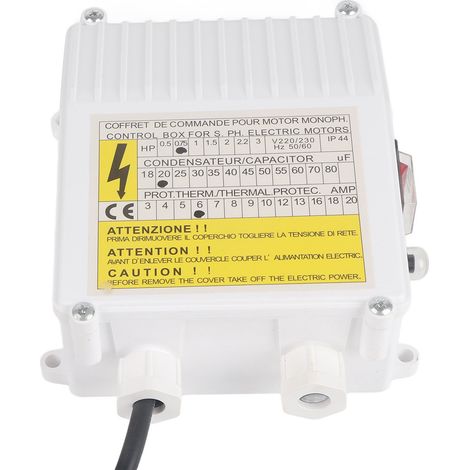 Boîtier de commande avec disjoncteur thermique intégré pour pompes d'aspiration domestiques submersibles de puits profonds 0,55 kW 0,5 CV 20 µF 5 A Prise UE 220 V (1/5)