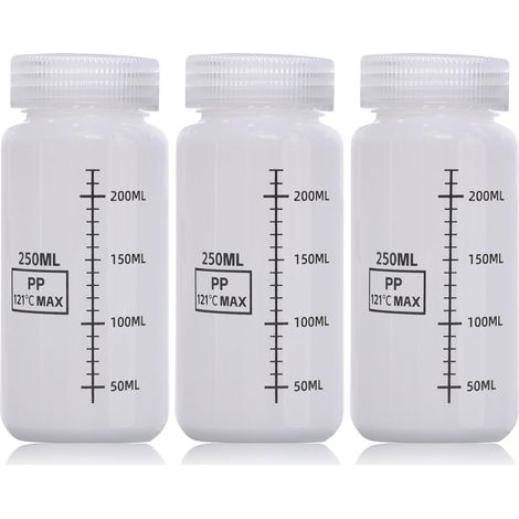 3 bouteilles labo col large 250 ml HDPE graduées anti-fuite, pour échantillons d’eau ou réactifs (1/5)