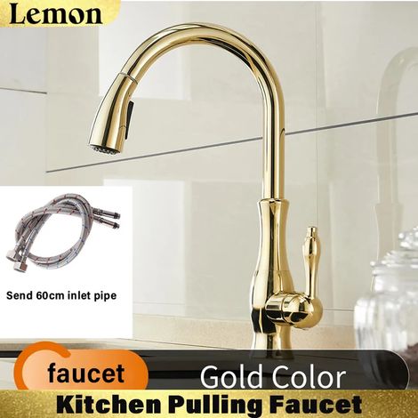 Robinet de cuisine (Gold G1/2) avec bec pivotant à 360°, douchette extractible et mitigeur eau chaude/eau froide. (1/5)