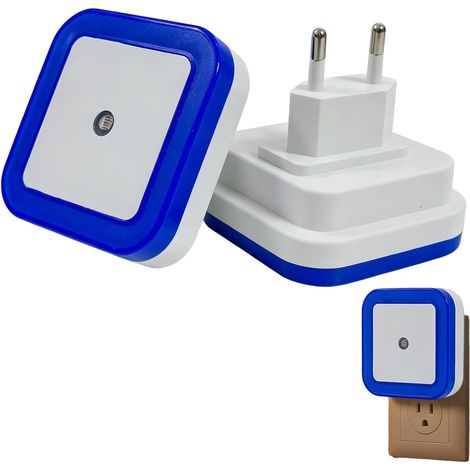 2 veilleuses prises électriques avec capteur crépusculaire automatique, veilleuses LED à faible consommation d’énergie, compatibles pour chambre, salle de bain, couloir, escalier et cuisine(bleu) (1/5)