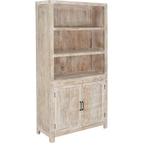 WOMO-DESIGN Mehrzweckschrank Turin Shabby Chic 110x210x45 cm Natur-Weiß Mangoholz Massiv Anrichte mit 2 Türen 3 offenen Fächer Vintage Unikat handgefertigt Highboard Aufbewahrungsschrank Standschrank (1/5)