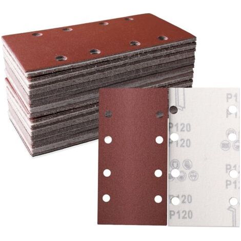 Pack of 30 abrasive sheets 93 x 185 mm - Square self-adhesive sandpaper with 8 holes - Grit 120 - Ideal for sanding, polishing and rust removal - Suitable for