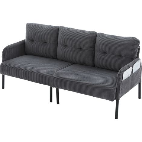 Sofá recto de 3 plazas en pana con respaldo ergonómico, bolsillo lateral, estructura metálica, gris (1/5)