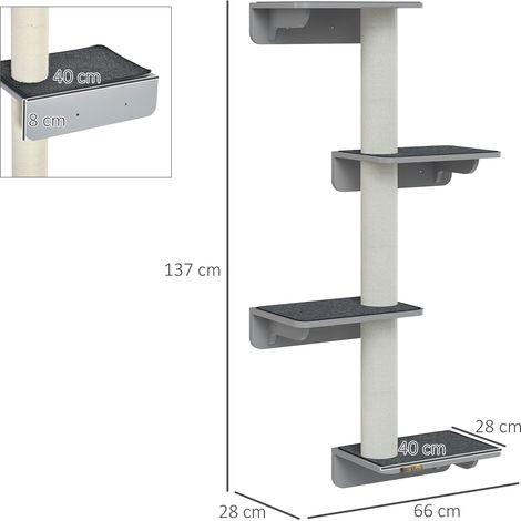 Kratzbaum 137cm hoch. Wandmontierter 4-stufiger Katzenbaum mit 4 Plattformen. 3 Kratzstämme. Katzenkratzbaum für Katzen unter 5 kg zum Klettetern. Kratzen und Spielen (1/5)