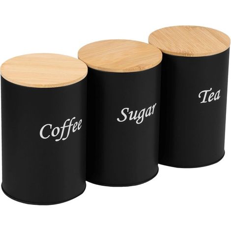 3er-Set Vorratsdosen für Kaffee, Tee und Zucker, 1000 ml, auslaufsicherer Bambusdeckel, schwarzes Metall, Größe 14,3 x 8,5 cm, inklusive Etiketten (1/5)