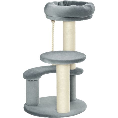 Katzenbaum mit 2 Sisal-Kratzstämmen, 3 Kletterplattformen, 40 cm Durchmesser x 65 cm Höhe, 500 g/m² hochdichter Plüsch, grau