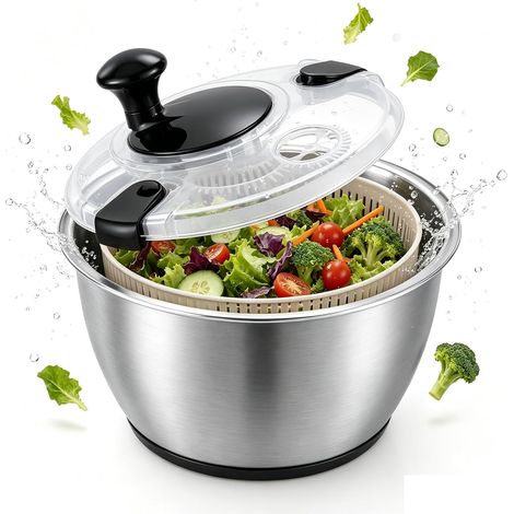 Essoreuse à salade en acier inoxydable 5 l avec couvercle et bec verseur, antidérapante pour salade, légumes, fruits, passe au lave-vaisselle, sans BPA, entraînement à manivelle (1/5)