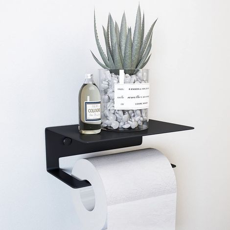 EMKE Porta carta igienica, porta rotolo di carta igienica con ripiano, in acciaio inox, senza fori, autoadesivo, 16 x 11,1 x 6 cm, montaggio a parete, colore nero
